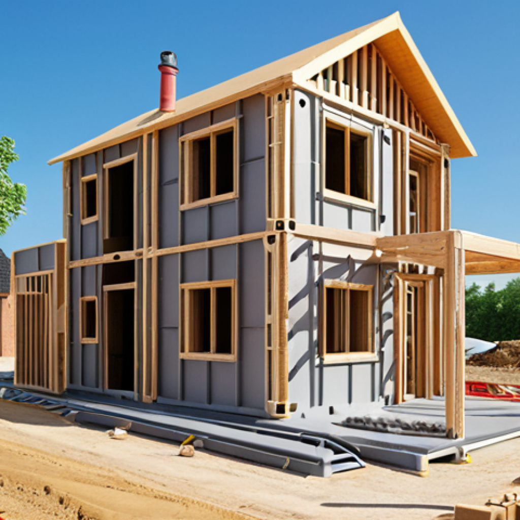 **Image Prompt 1:** Modern construction site featuring 3D printing technology building a house. Focus on the speed and efficiency of the process. Include eco-friendly elements like recycled materials. Consider a vibrant, sunny daytime scene.