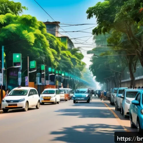건축산업기사와 스마트 시티 설계 - A vibrant smart city street scene in Bangladesh featuring advanced traffic management: multiple smar...