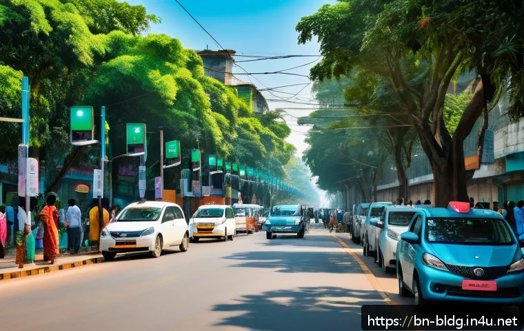 건축산업기사와 스마트 시티 설계 - A vibrant smart city street scene in Bangladesh featuring advanced traffic management: multiple smar...