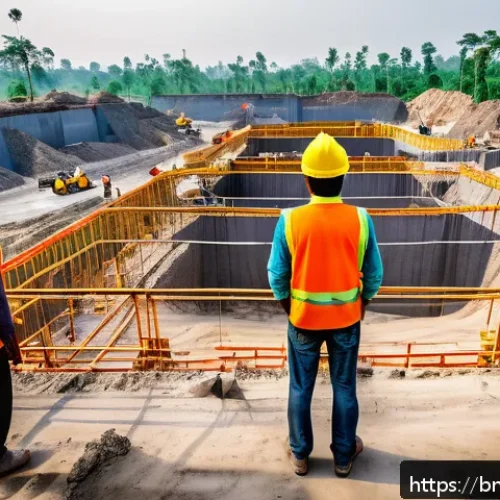 건축산업기사와 안전한 공사 현장 설계 - A busy construction site in Bangladesh with Bengali workers wearing bright yellow safety helmets, gl...