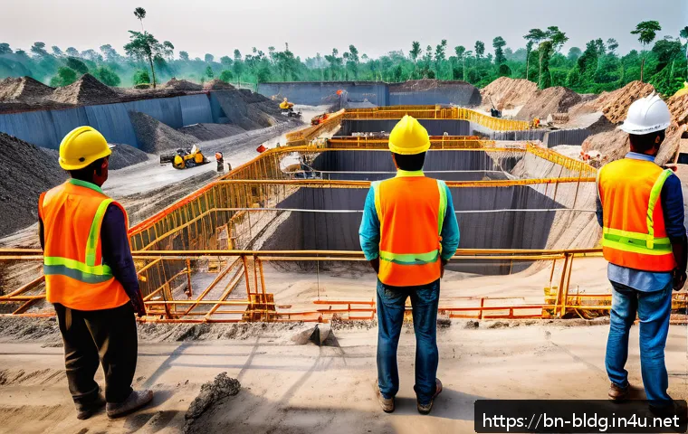 건축산업기사와 안전한 공사 현장 설계 - A busy construction site in Bangladesh with Bengali workers wearing bright yellow safety helmets, gl...
