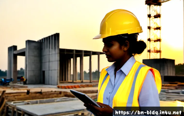 건축산업분야에서의 인공지능 활용 사례 - Photorealistic construction site in Bangladesh at sunrise, a South Asian female architect wearing a ...